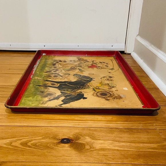 F1-RARE LARGE Antique French Red Tole Tray Polo Players & Horses - Picture 6 of 8
